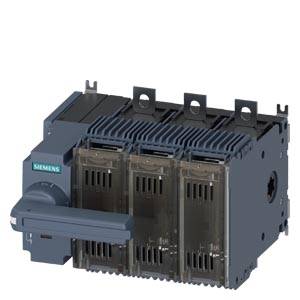 Un interruttore elettrico di potenza Siemens con tre interruttori neri e una maniglia blu per applicazioni industriali.