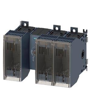 Un interruttore di sezionamento con fusibili trifase grigio, con tre portafusibili visibili e fori di fissaggio sulla parte superiore.