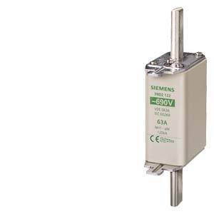 Un dispositivo di sicurezza ad alte prestazioni Siemens, tipo 3NA3 122, specificato per 690V e 63A, in un involucro rettangolare con contatti metallici superiori e inferiori.