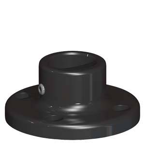 Un pezzo di montaggio nero in forma cilindrica con base a flangia e quattro fori per viti, comunemente utilizzato per il fissaggio.