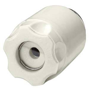 Un regolatore bianco con meccanismo a rotazione, probabilmente per una valvola del radiatore, con design zigrinato per una presa facilitata.