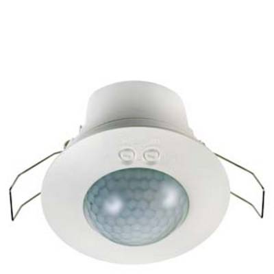 Un rilevatore di movimento da soffitto rotondo con due pulsanti presenta un design a nido d'ape nell'area del sensore. Adatto per ambienti interni.