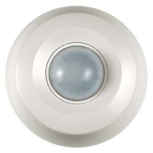 Una plafoniera rotonda bianca con un elemento centrale in vetro al centro.