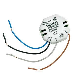 Un dimmer elettronico Siemens, modello SITC8210-0, per 250V a 50Hz e 15-400W. Dispone di sei fili di connessione colorati.