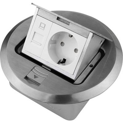 Presa a scomparsa rotonda in metallo con connessione LAN e alimentazione elettrica, idonea per tavoli da ufficio per una fornitura flessibile di energia e dati.