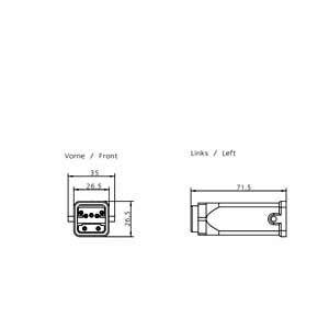 Disegno tecnico di un componente con dimensioni: 35, 26,5 e 71,5 mm, vista frontale e laterale.