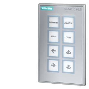 Un pannello HMI SIMATIC grigio con pulsanti blu. Etichette: 'SIEMENS', 'ALLARME', 'KP8', 'QUIT', nonché simboli di freccia e download.