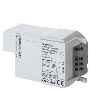 Un'immagine di un'uscita binaria Siemens Gamma Instabus, montabile su guida DIN, con più connessioni per installazioni elettriche.