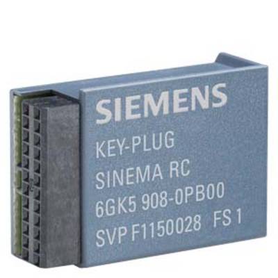 Un componente grigio Siemens KEY-PLUG SINEMA RC con l'iscrizione '6GK5 908-0PB00 SVP F1150028 FS 1', con lista di connessioni laterale visibile.