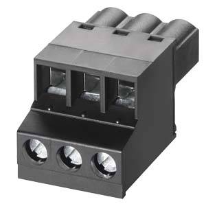 Connettore a tre poli in plastica nera, idoneo per connessioni elettriche, con scanalature per cavi sul lato frontale.