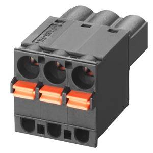 Un connettore nero a tre poli con tasti di sblocco rossi, idoneo per connessioni elettriche in quadri elettrici.