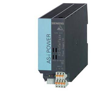 Alimentatore industriale Siemens, AS-i Power, con etichette sul lato frontale e diversi morsetti di connessione nella parte inferiore.