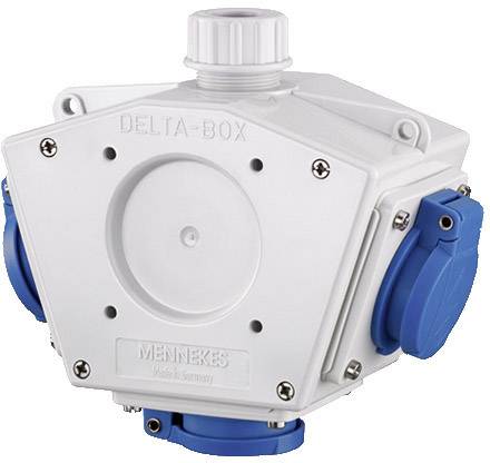 Una scatola di distribuzione bianca pentagonale con connessioni elettriche blu su ogni lato. In alto è scritto 'DELTA-BOX'.
