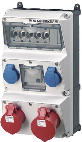 Distributore industriale di alimentazione con multiple prese elettriche in blu e rosso, idoneo per connessioni di apparecchiature elettriche durante eventi.