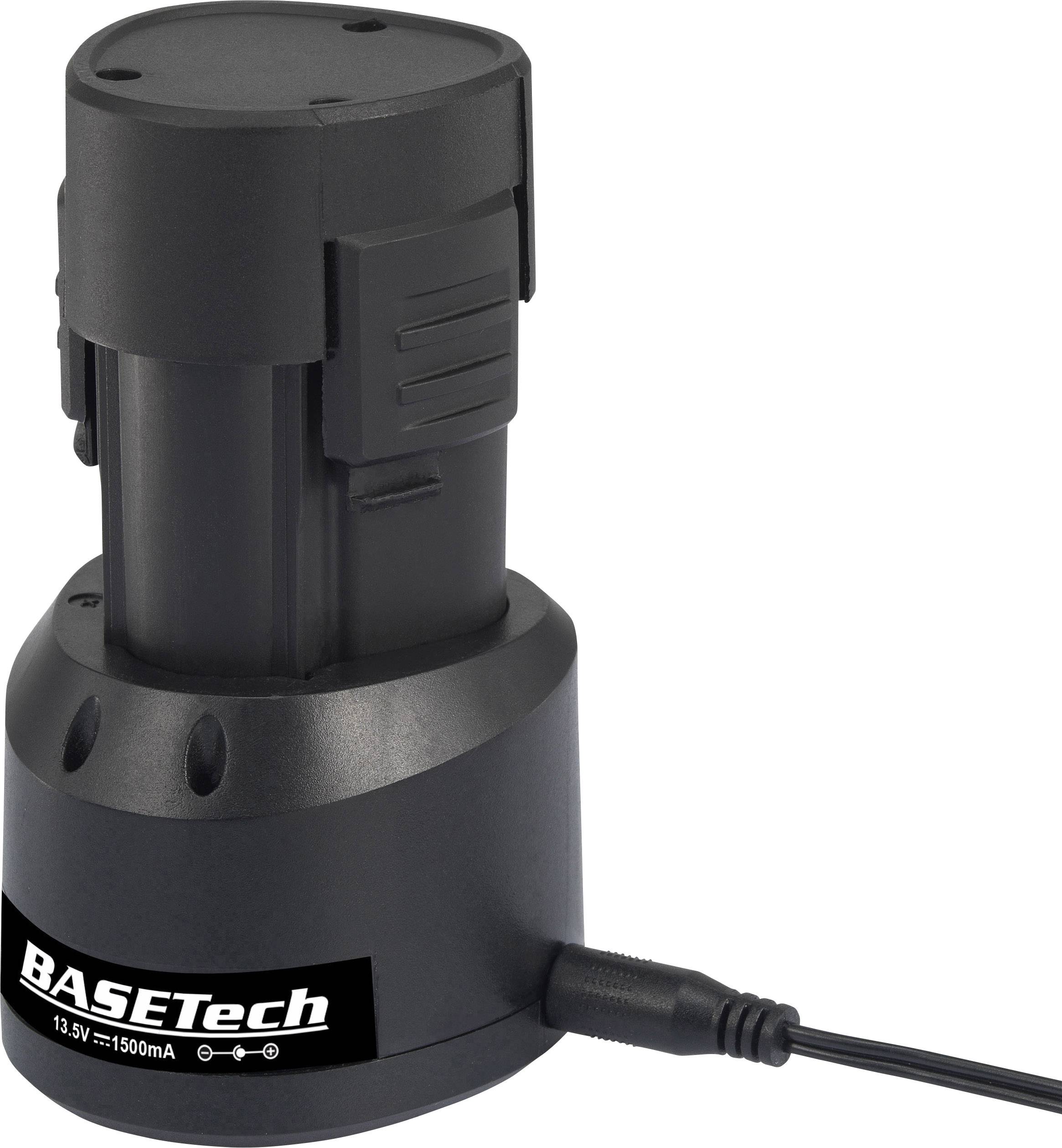 Caricabatterie nero con batteria inserita, collegato con un cavo. Scritta 'BASETech', 13,5V, 1500mA.