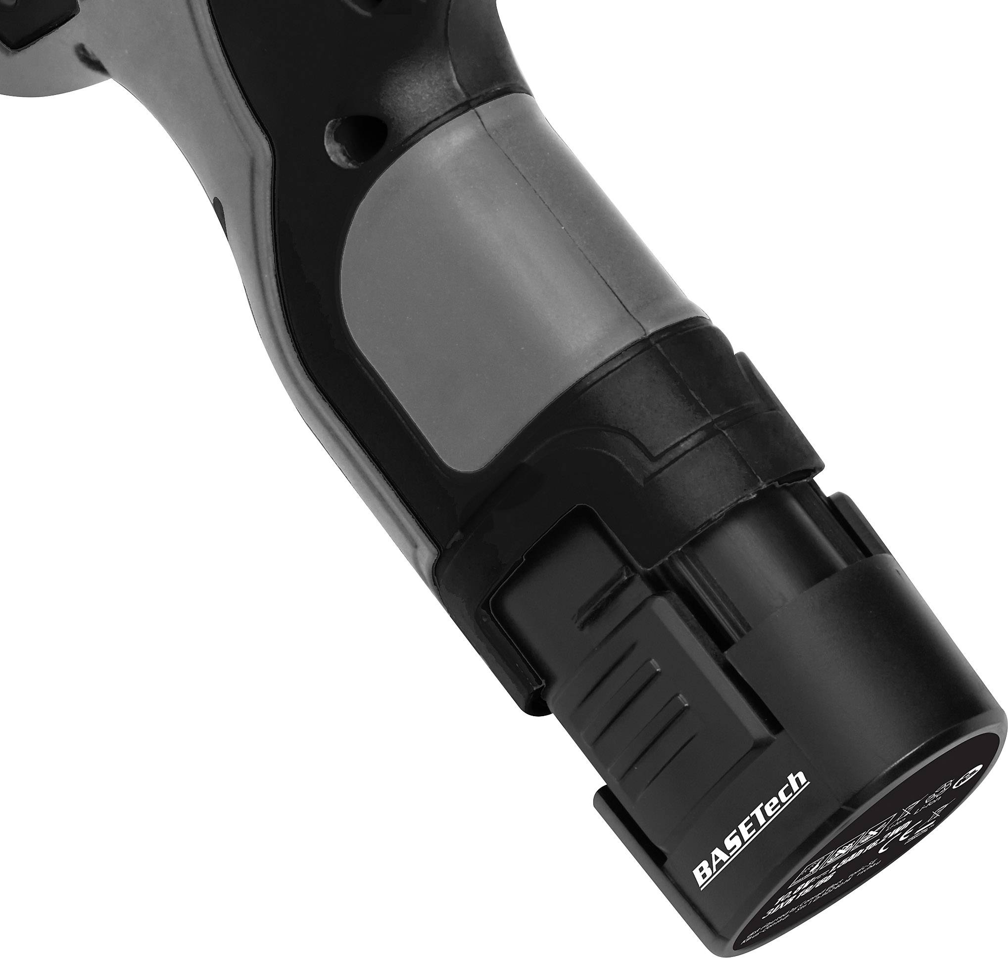 Un cacciavite elettrico in primo piano, con l'attenzione focalizzata sull'impugnatura e sul logo 'BASETech' sulla batteria.