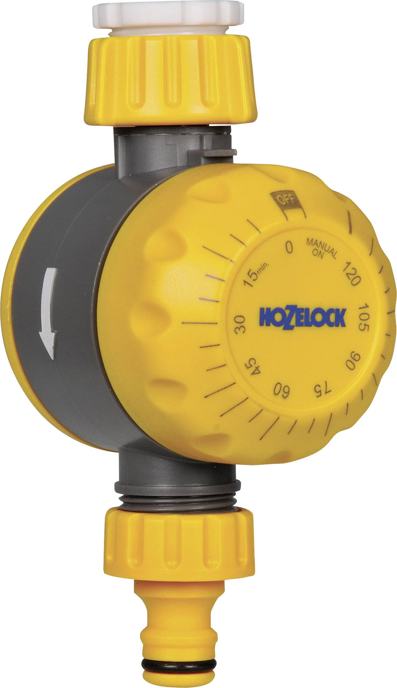 Timer di irrigazione giallo con scala da 0 a 120 minuti. Nome del marchio 'Hozelock' sulla parte anteriore, una freccia indica la direzione.