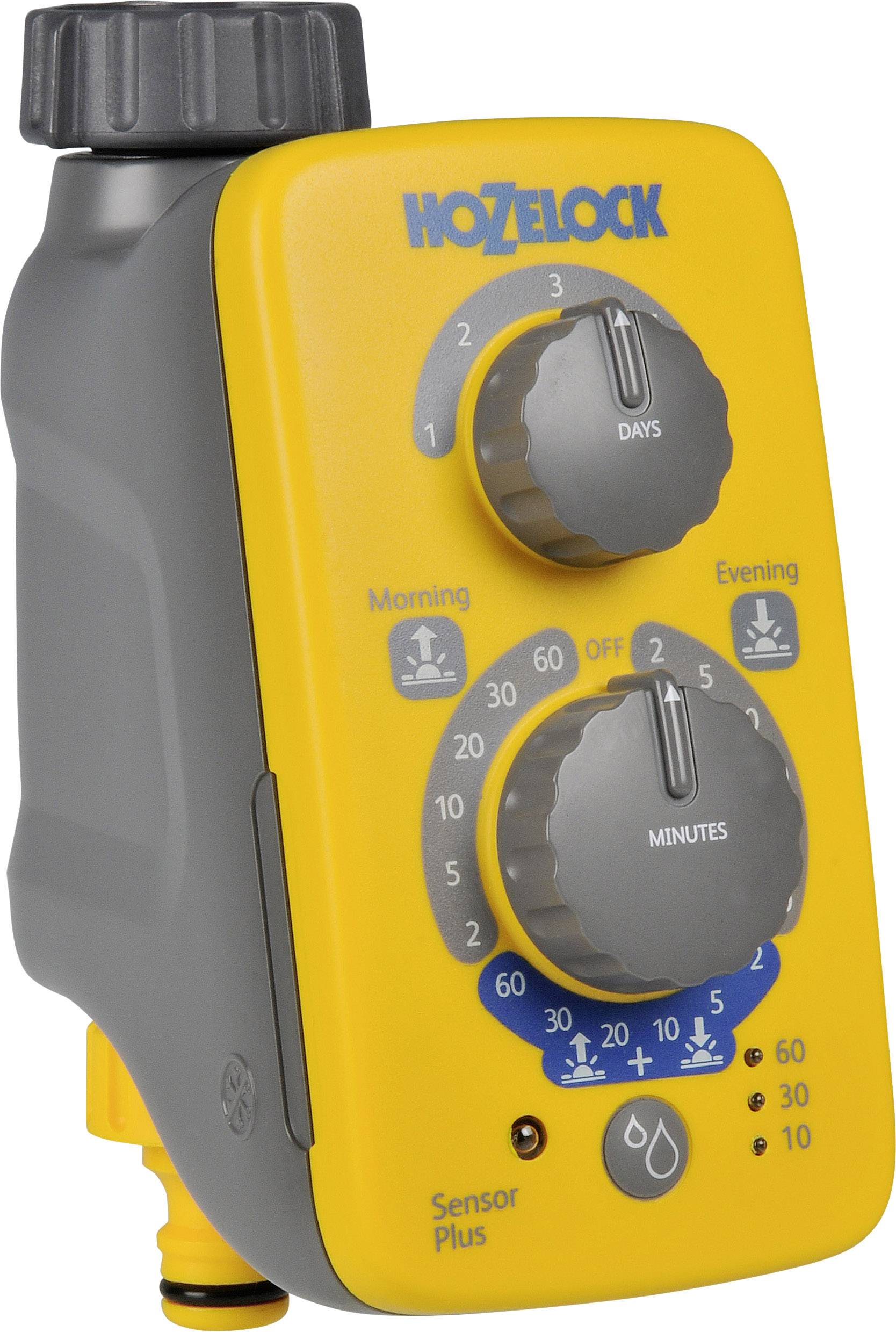 Dispositivo di irrigazione giallo con due manopole per giorni e minuti. Nome del marchio in alto. Simboli per irrigazione mattutina e serale.