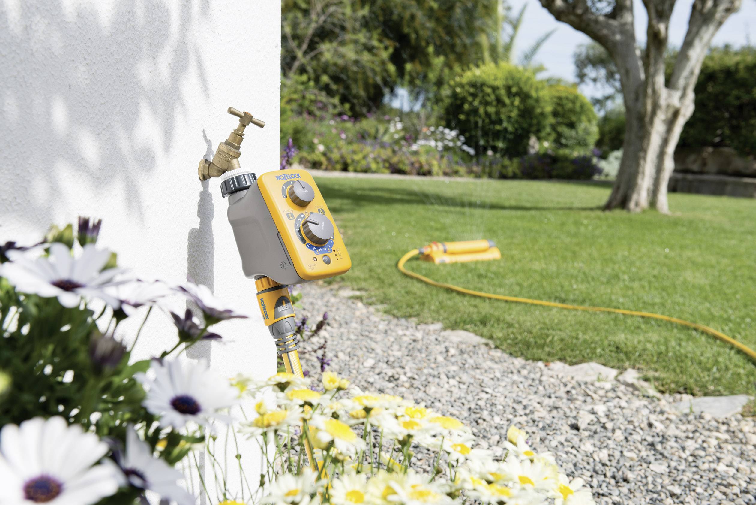 Un timer automatico per l'irrigazione è collegato a un rubinetto esterno. Un tubo da giardino con irrigatore è collegato al timer.