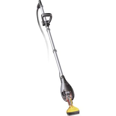 Idropulitrice in argento e nero con impugnatura ergonomica, lunga prolunga e ugello a getto ad alta pressione di colore giallo.