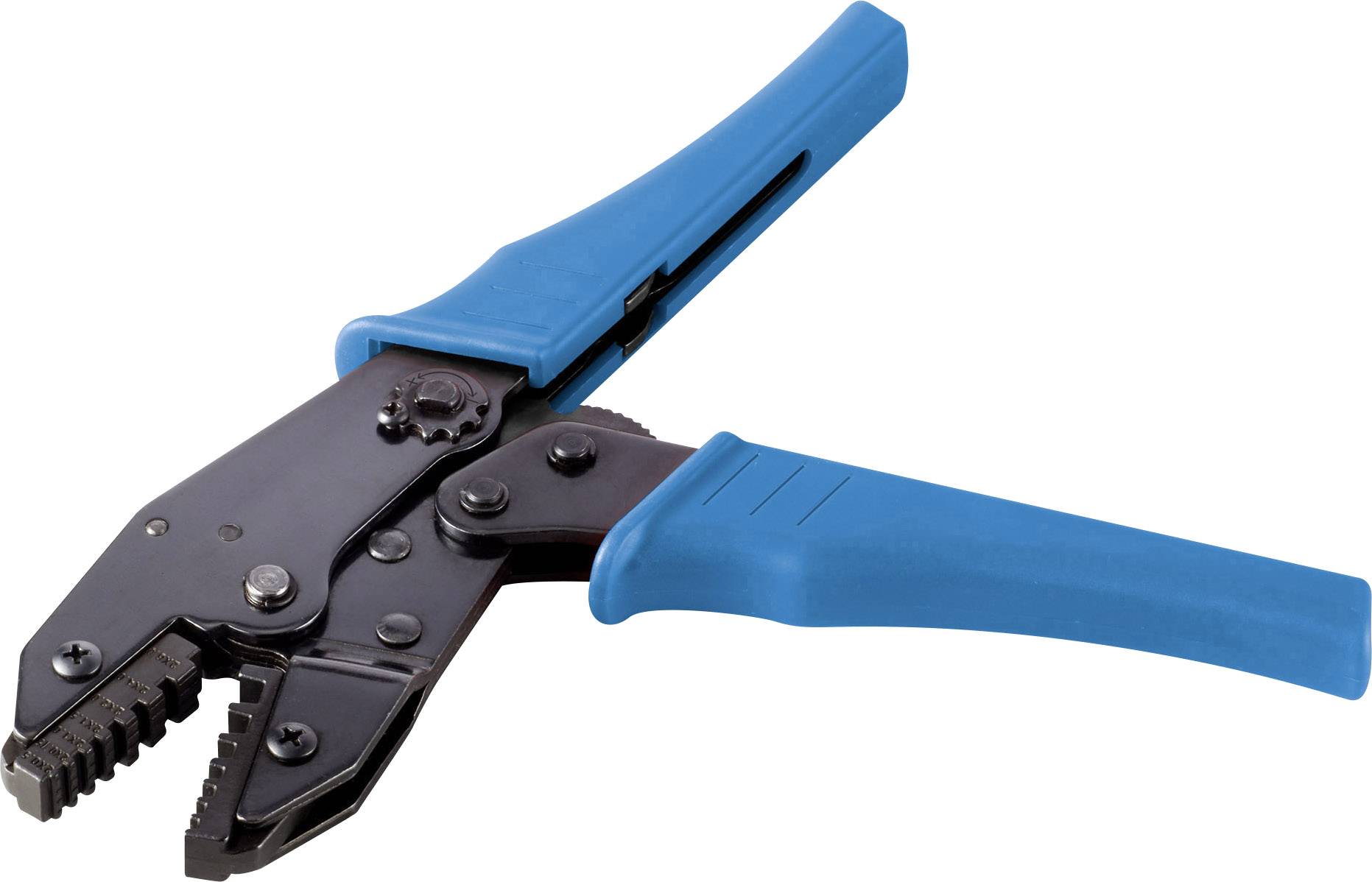 Una pinza crimpatrice con impugnature blu, utilizzata per la compressione di connessioni di cavi.