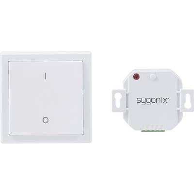 Interruttore e ricevitore di Sygonix. A sinistra l'interruttore quadrato, a destra il ricevitore rettangolare con logo.