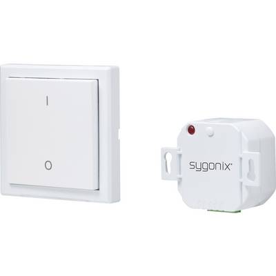 Un interruttore a parete bianco con simboli I/O e un modulo Sygonix bianco utilizzato per il controllo di dispositivi elettrici.