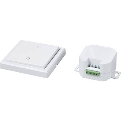 Un interruttore a parete wireless accanto a un ricevitore radio. L'interruttore ha un design minimalista, entrambi i dispositivi sono bianchi.