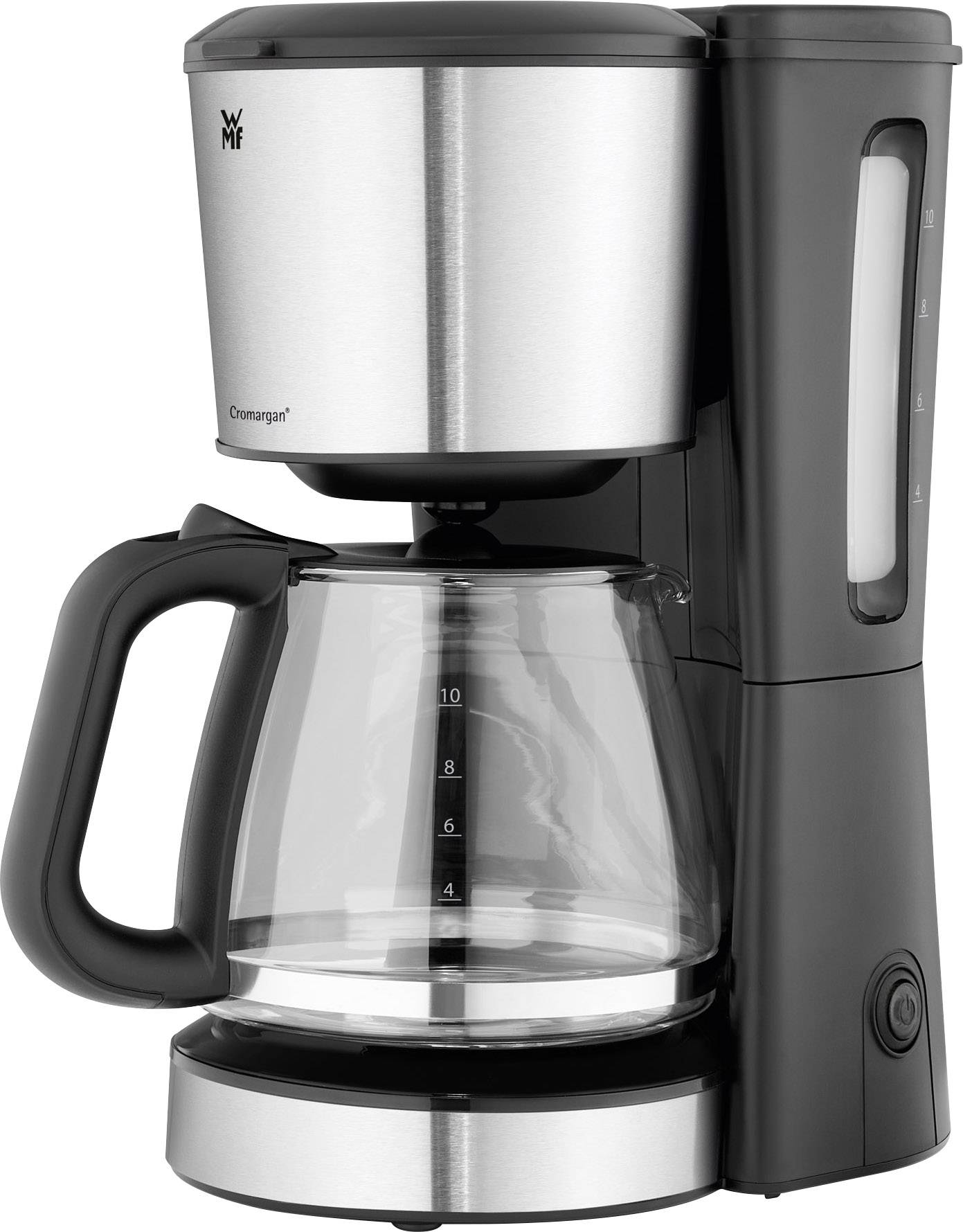 Macchina da caffè in acciaio inox e plastica con caraffa in vetro. Ha un design moderno e un indicatore del livello dell'acqua.