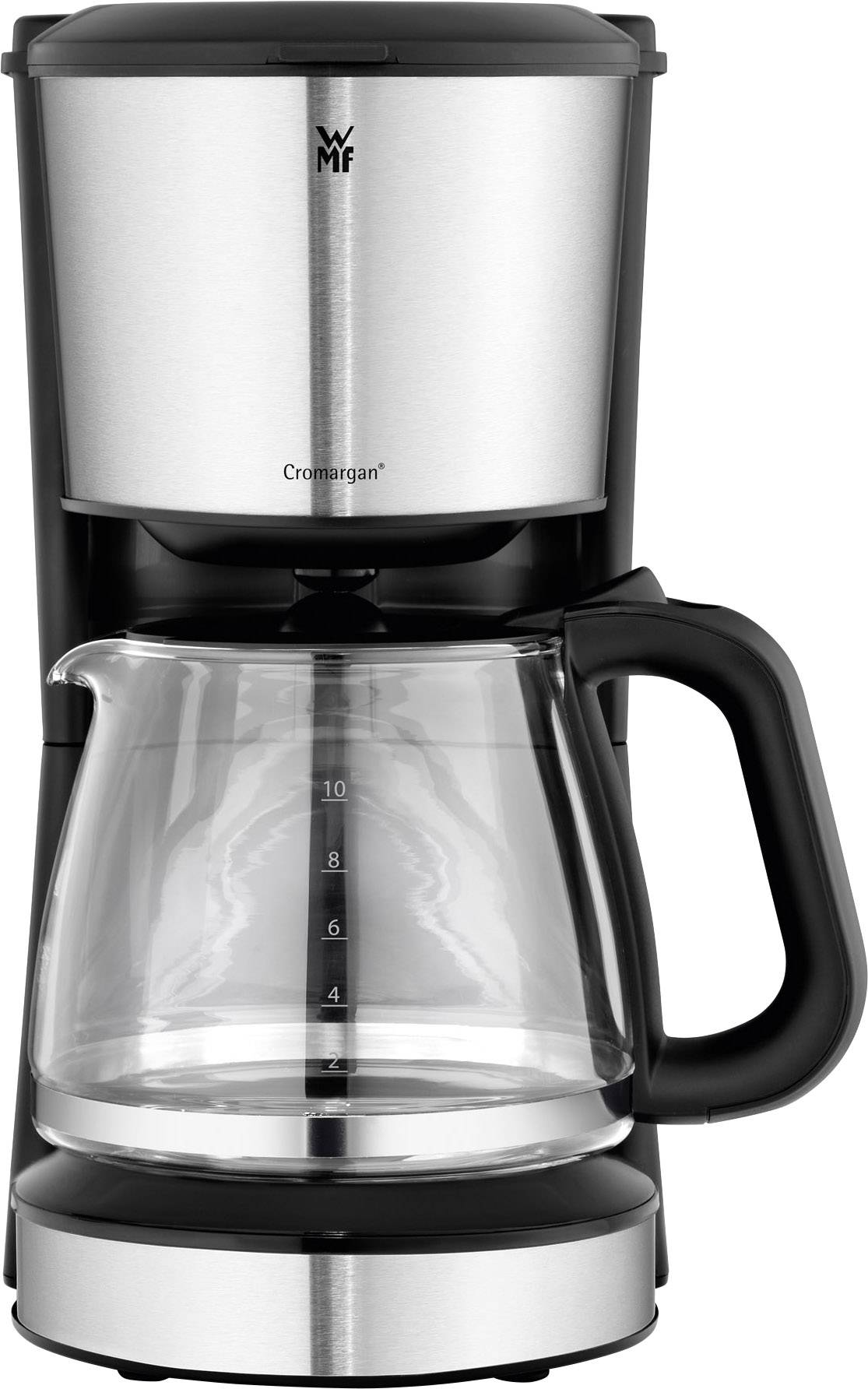 Macchina per caffè a filtro in argento con caraffa di vetro e manico nero, adatta per una quantità media di caffè.