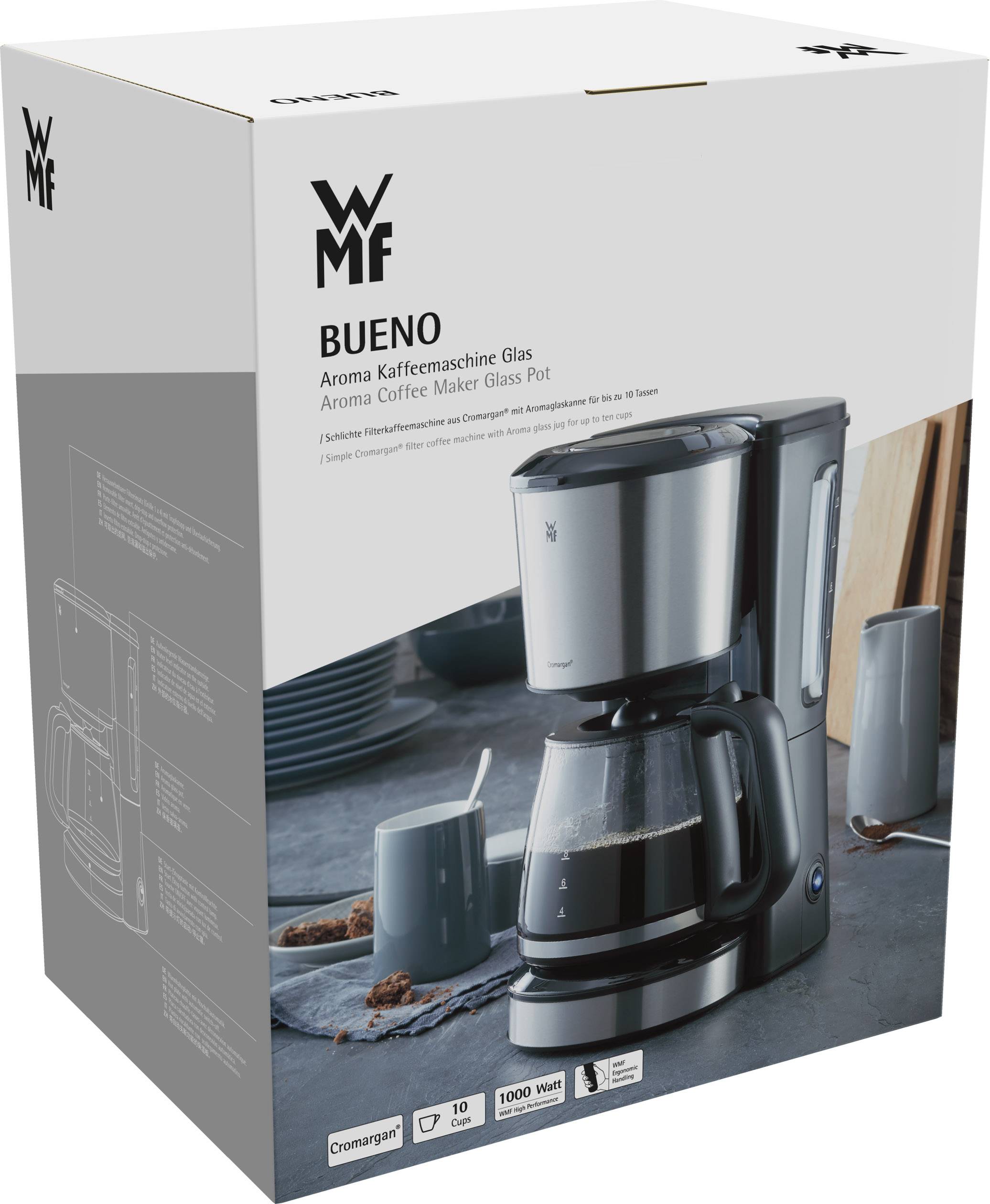 Confezione in cartone di una macchina da caffè. Marca: WMF, Modello: BUENO. Immagine della macchina e delle tazze, dettagli tecnici sul lato.