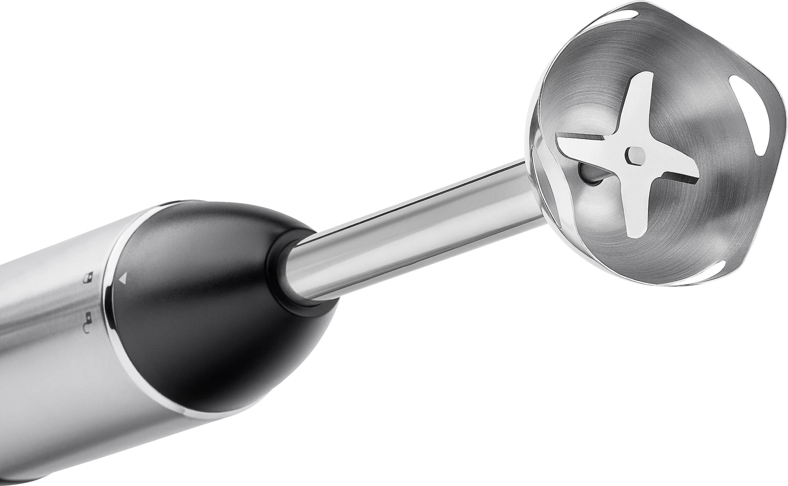 Frullatore a mano con accessorio mixer in acciaio inox e quattro lame, ideale per tritare e miscelare gli ingredienti.