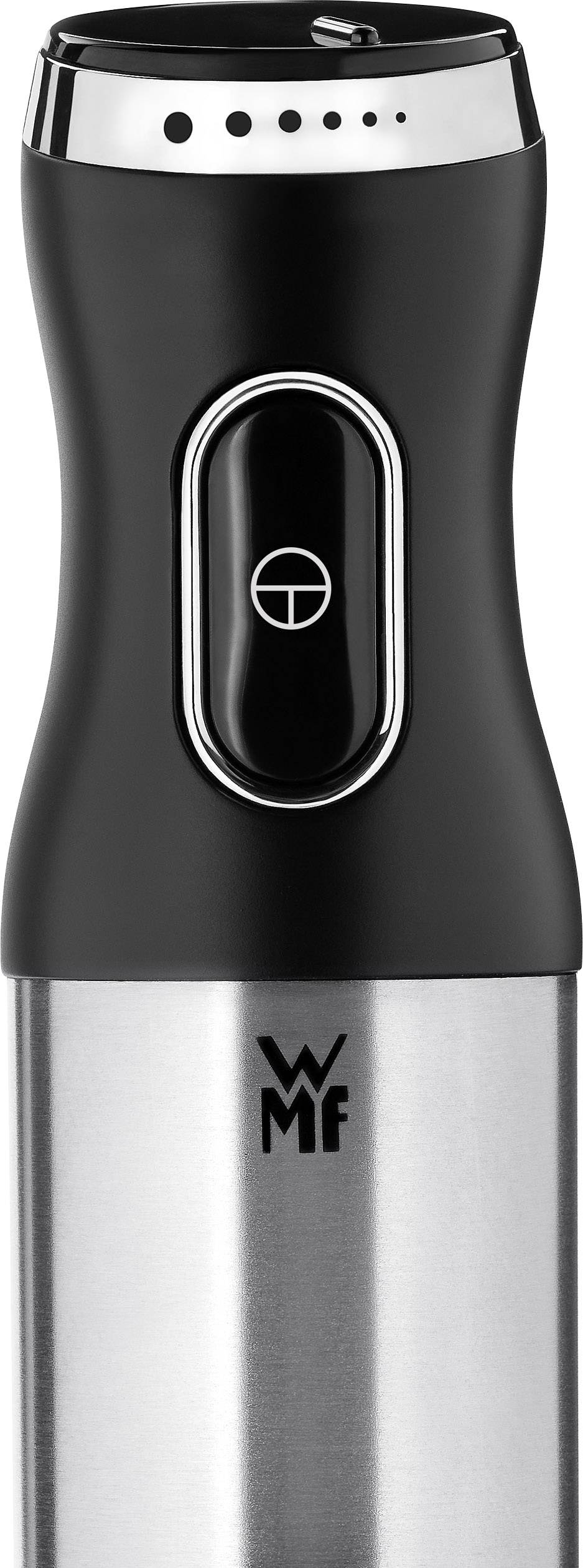 Cavatappi elettrico in nero e acciaio inox, con logo del marchio sulla parte frontale.