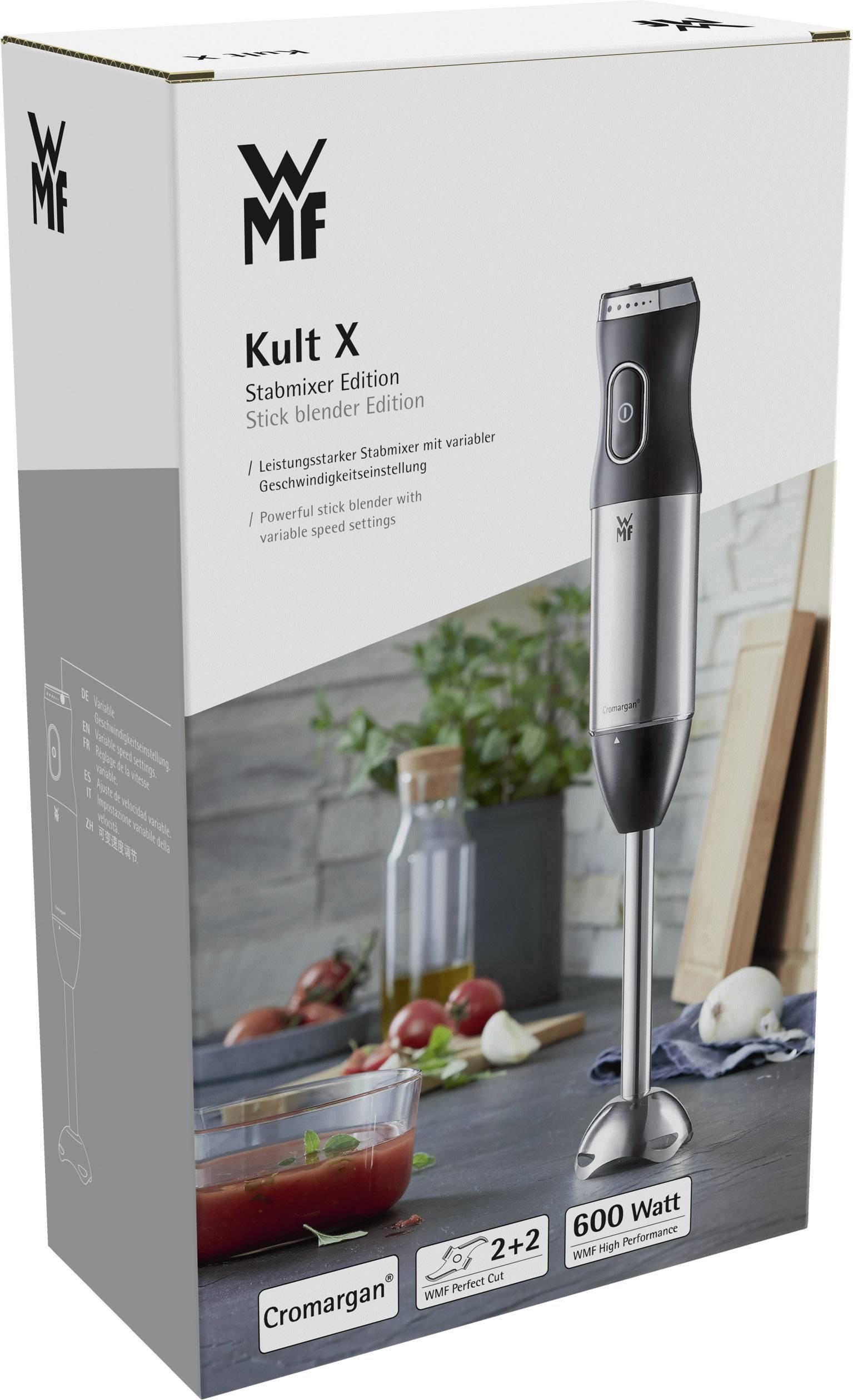 'WMF Kult X Frullatore a Immersione Edition' nella confezione. Frullatore con regolazione variabile della velocità, 600 Watt. Motivo cucina sullo sfondo.