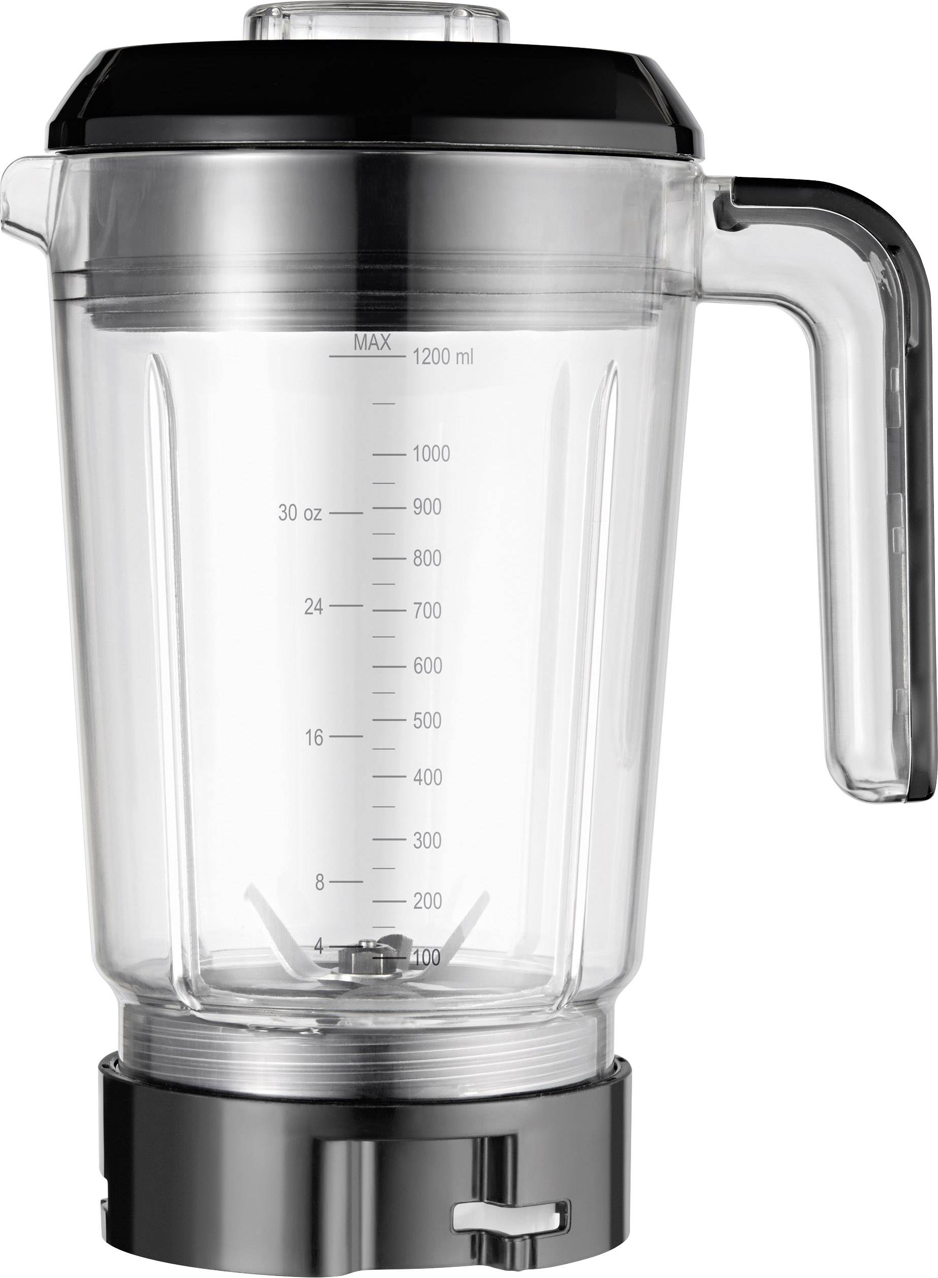 Contenitori miscelatori trasparenti in plastica con scale graduate in millilitri (ml) e once (oz), capacità fino a 1200 ml, montati su base.