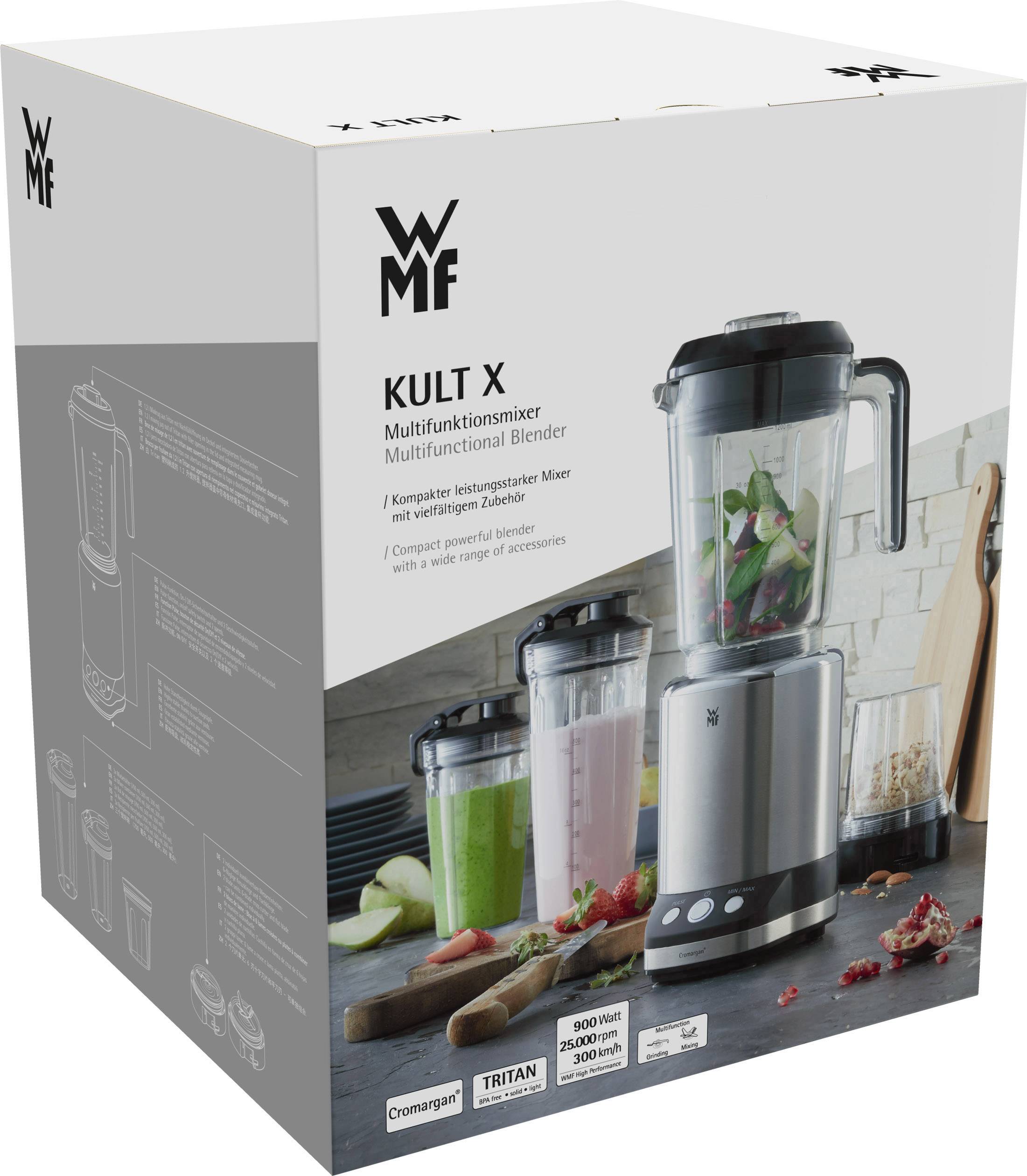 'Confezione di un mixer multifunzionale WMF Kult X. Include mixer, contenitore con ingredienti, accessori e specifiche tecniche.'