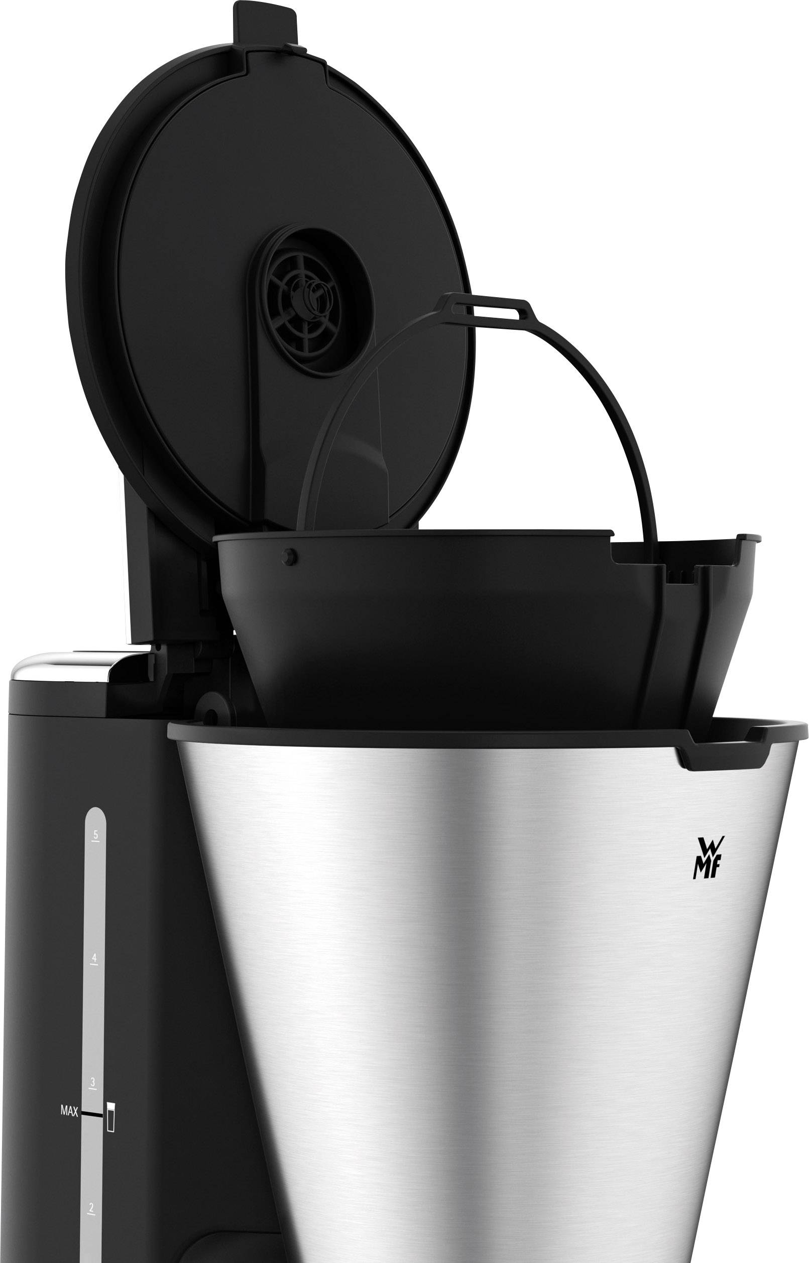 Macchina da caffè in acciaio inossidabile con coperchio aperto e supporto filtro estraibile, marchio WMF visibile.