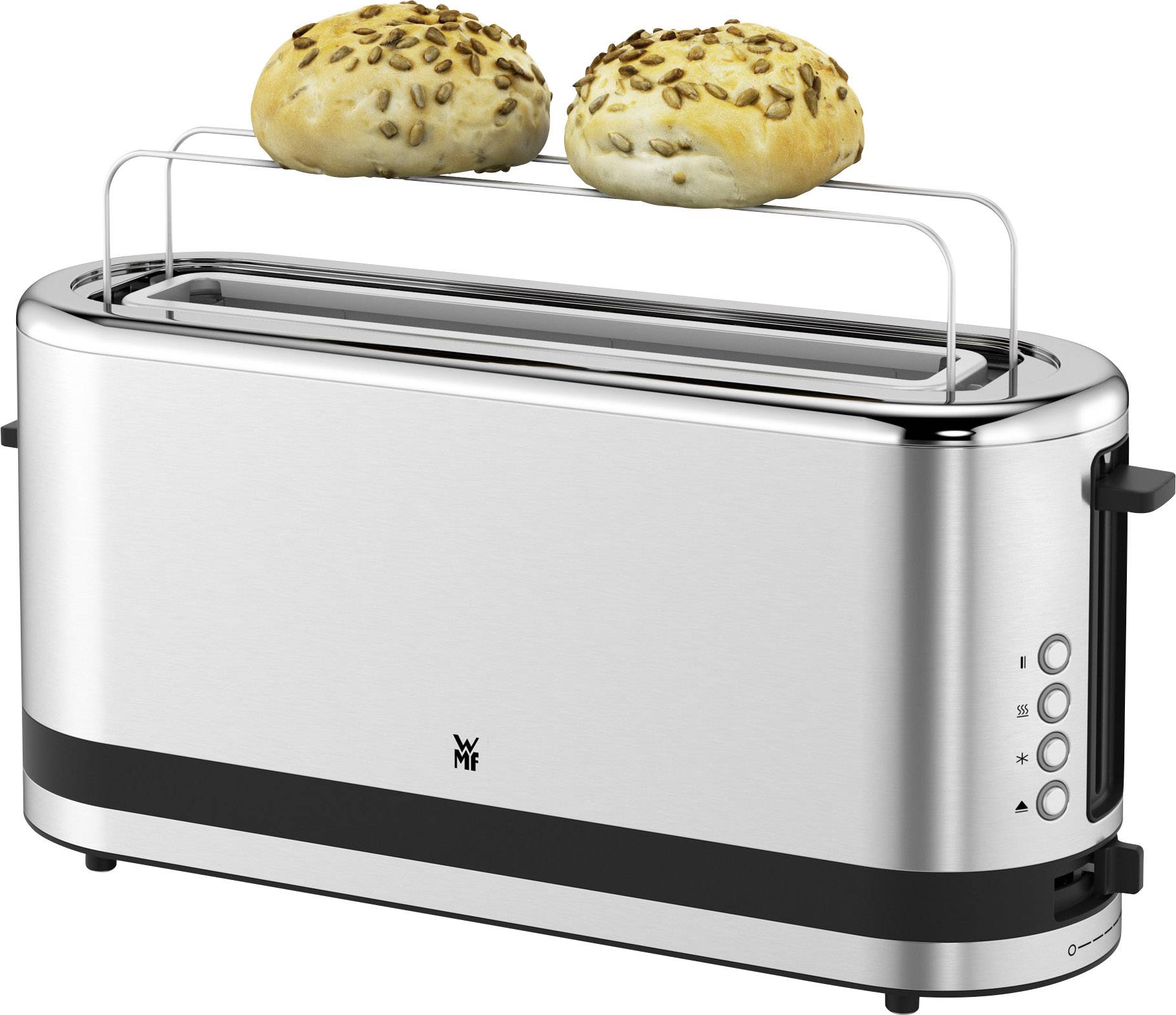 Un tostapane argento con due panini dorati su un vassoio per panini.