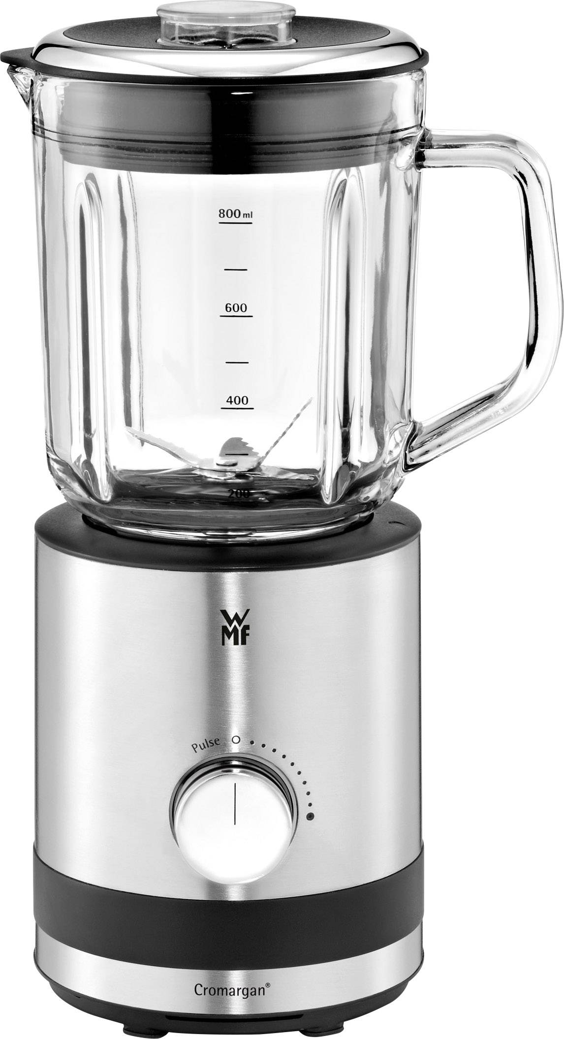 Frullatore in acciaio inox con brocca in vetro, indicatore del livello e manopola per la regolazione della velocità. Nome del marchio sulla parte frontale.