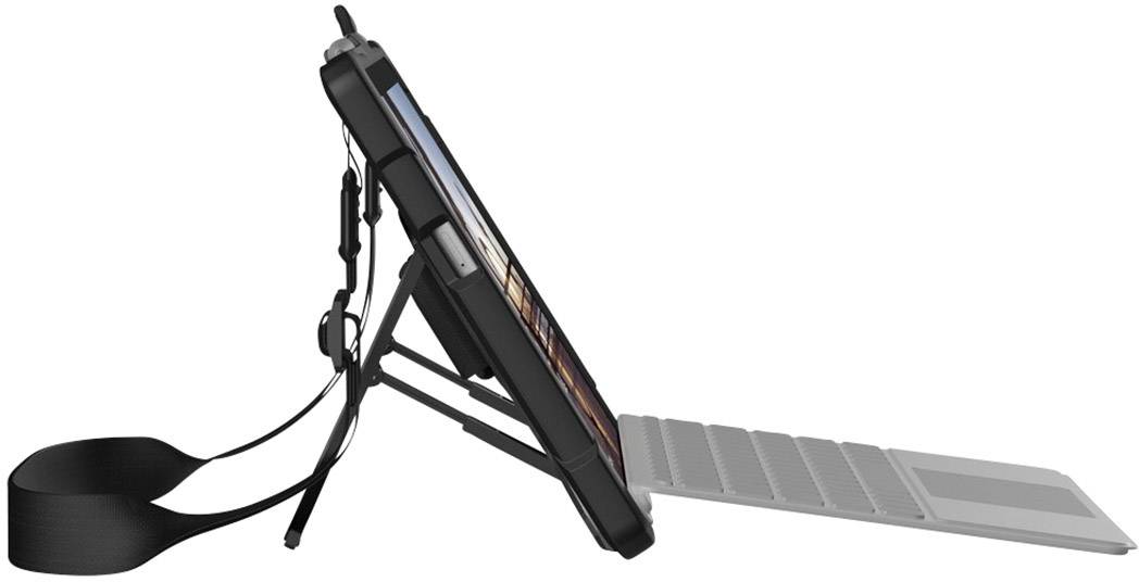 Tablet in custodia protettiva con supporto regolabile e tastiera, vista laterale. La staffa consente di lavorare a mani libere.