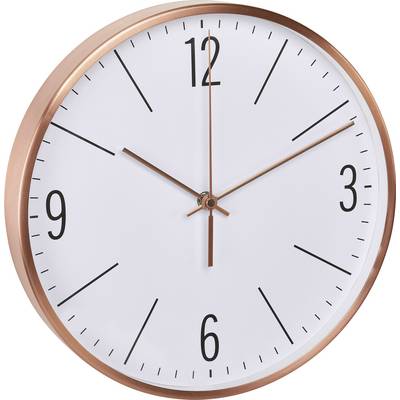 Orologio da parete rotondo con cornice color rame, quadrante bianco e numeri neri. Le lancette sono posizionate sulle dodici.