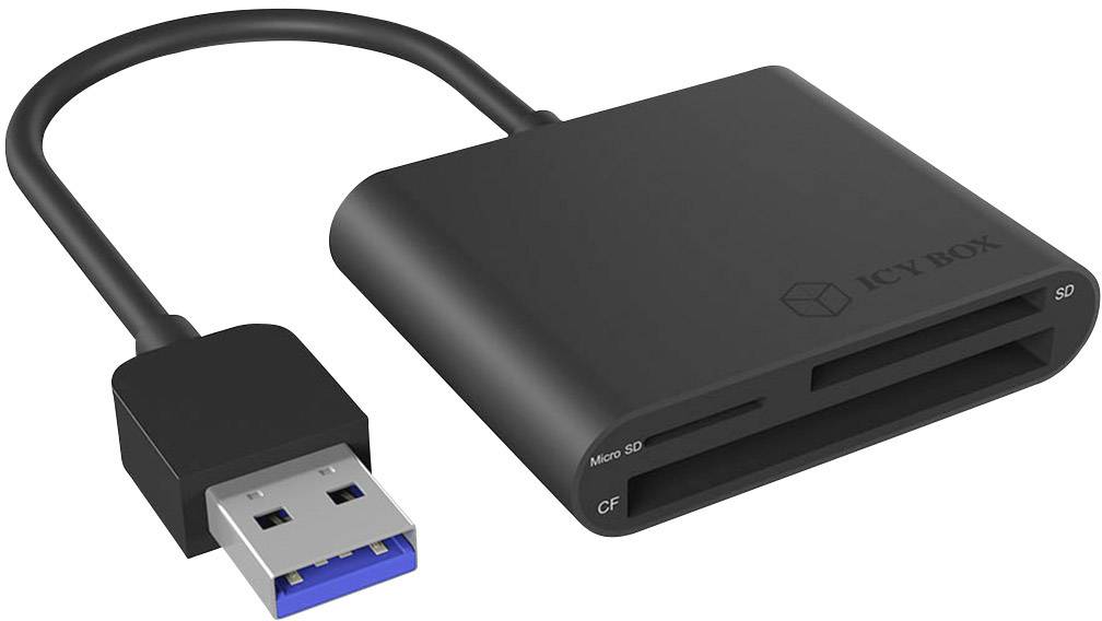 Lettore di schede USB nero con più slot per schede Micro SD, SD e CF. Il cavo di connessione termina con un connettore USB.