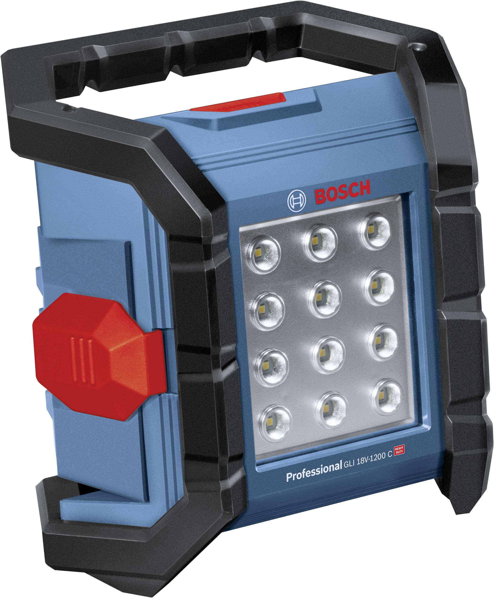 Lampada da lavoro blu-nera con lampade LED, interruttore rosso e impugnatura. Nome del marchio visibile sul davanti. Adatta per cantieri.