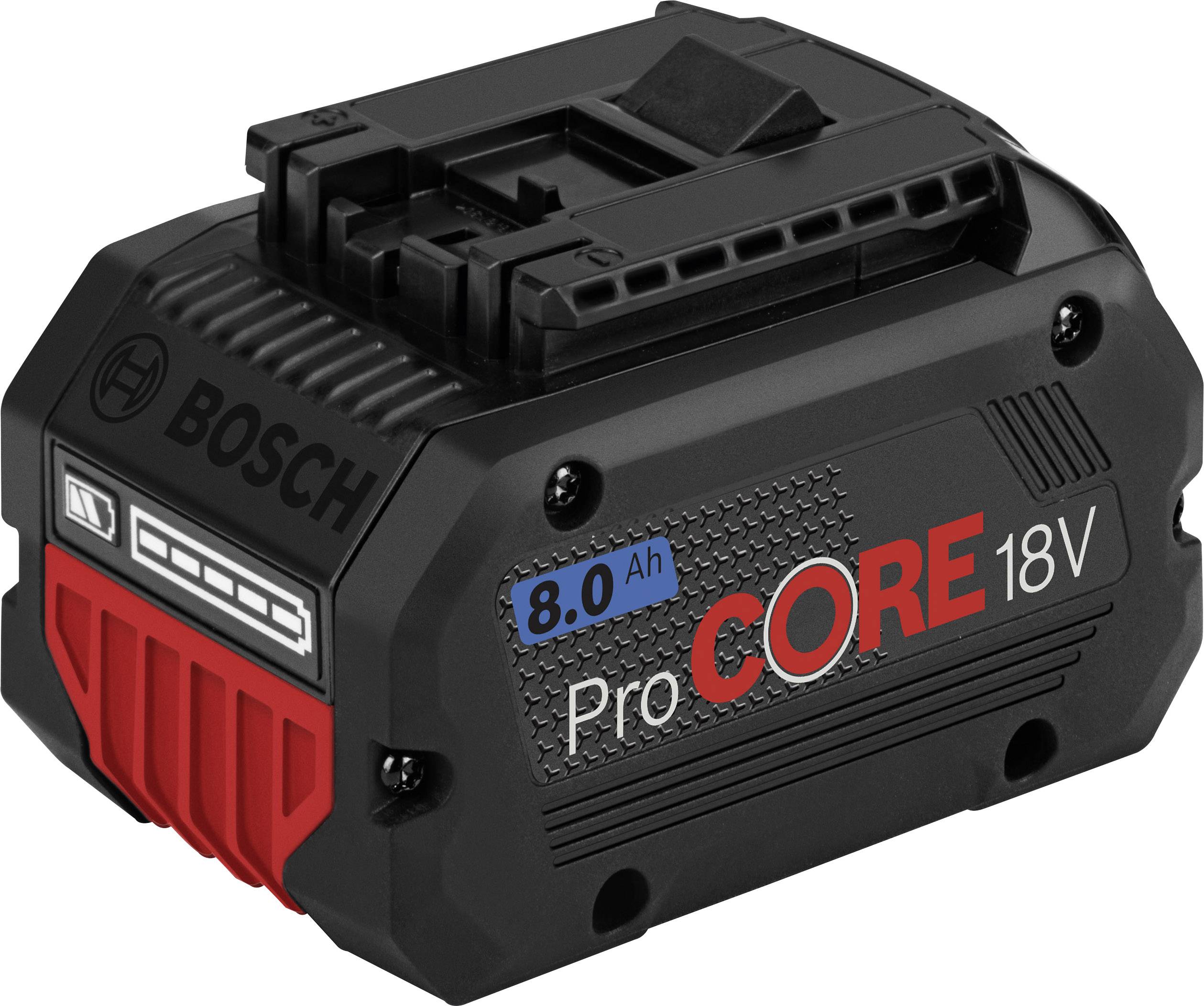 'Bosch ProCORE18V 8.0 Ah Batteria': Batteria nera compatta per utensili elettrici. Accenti rossi e grigi; duratura e potente.