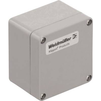 Custodia grigia, rettangolare del marchio 'Weidmüller Klippon Products' con quattro viti, comunemente utilizzata nell'impiantistica elettrica.