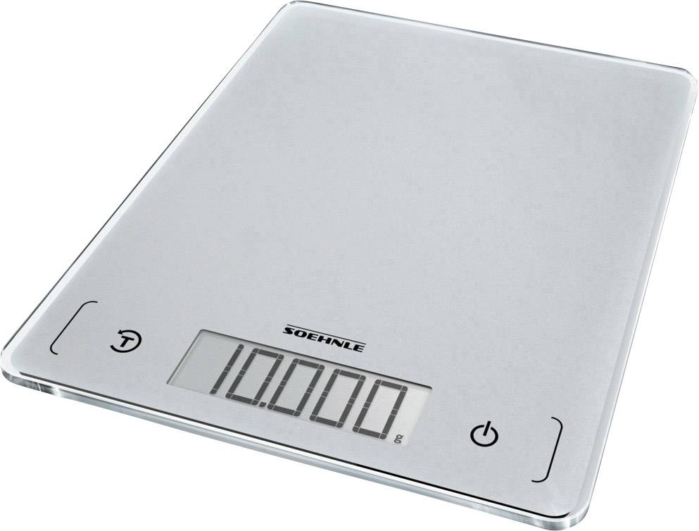 Bilancia digitale da cucina indica '1000 g'. Design moderno e sottile con superficie in vetro e comandi touch.