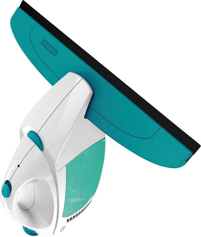 Un detergente per finestre turchese e bianco con un manico ergonomico e un bordo in gomma nero per la pulizia efficiente delle superfici in vetro.
