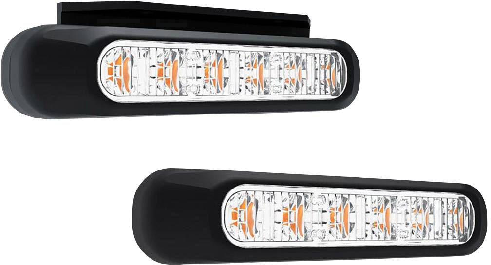 Vista esterna di due luci LED con involucro nero e vetro trasparente; adatte per veicoli.