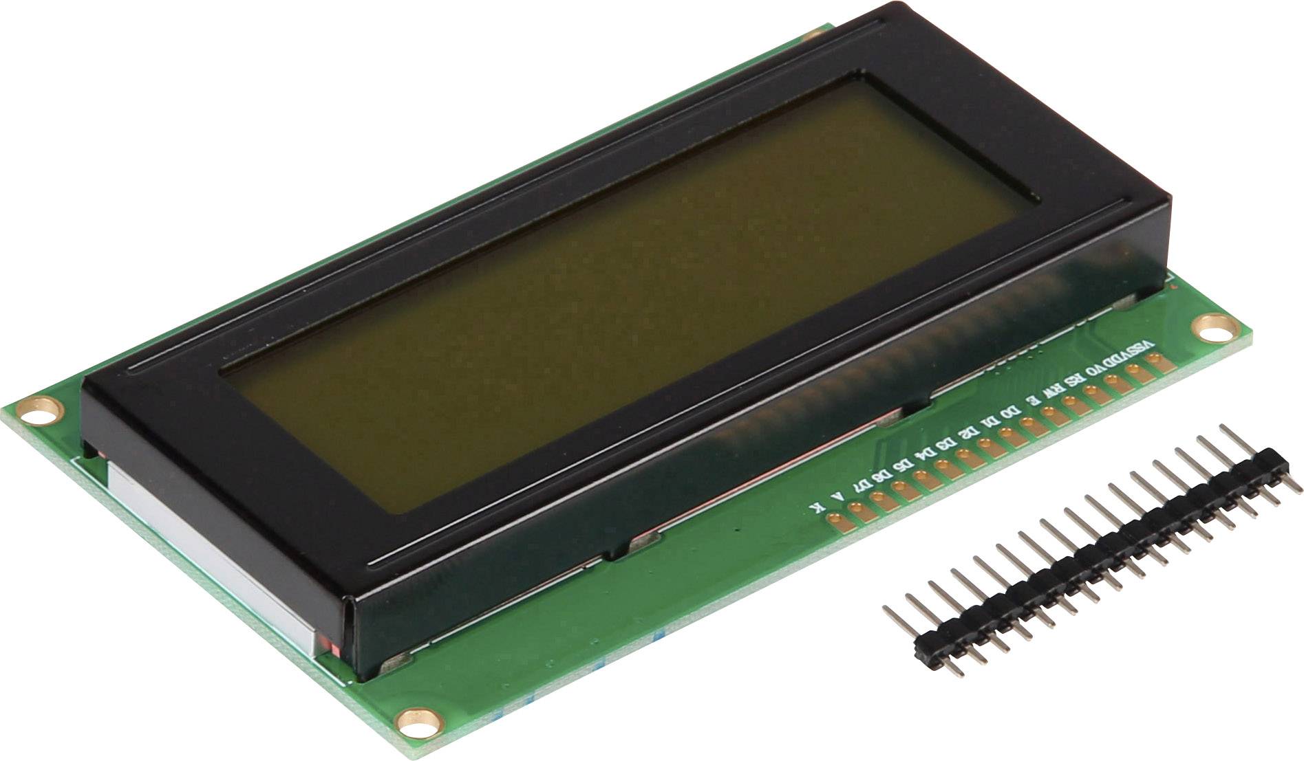 Un display LCD verde da 16x2 caratteri senza retroilluminazione, accanto al quale è posizionato un connettore compatibile per i contatti.