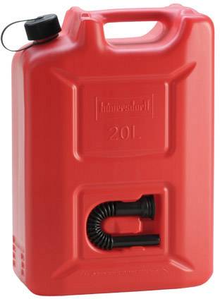 Tanica rossa, rettangolare da 20 litri con coperchio nero e tubo integrato sul lato.